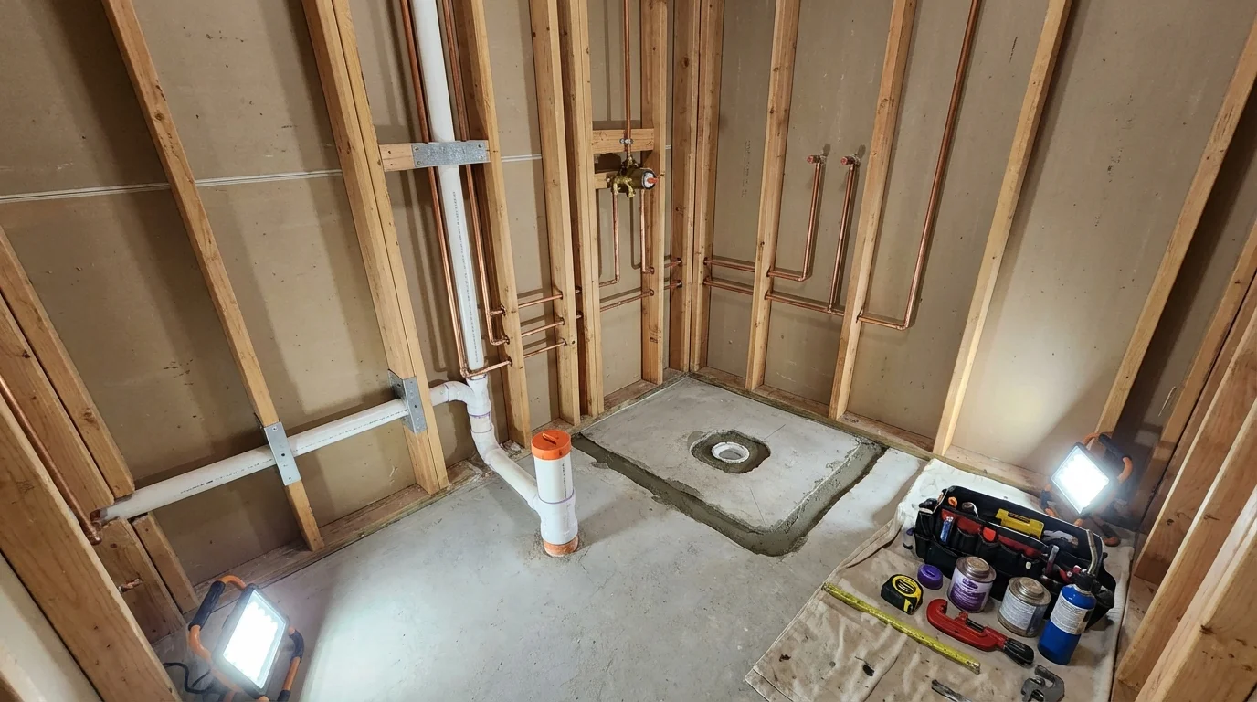 Bathroom rough-in plumbing during remodel by Johns Plumbing LLC in North Reading