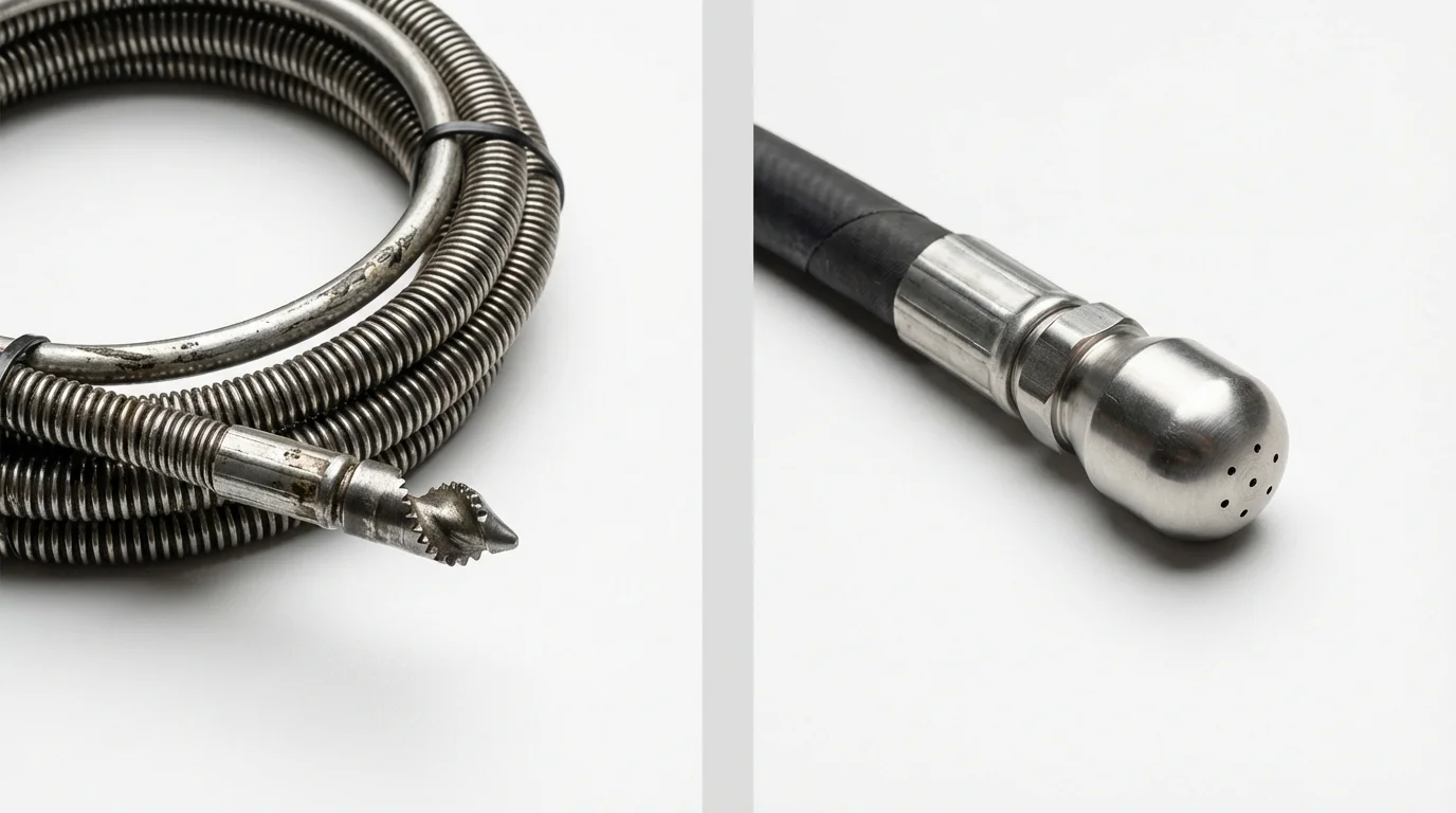 Drain snake cable and hydro jetting nozzle used for drain cleaning in North Reading, MA