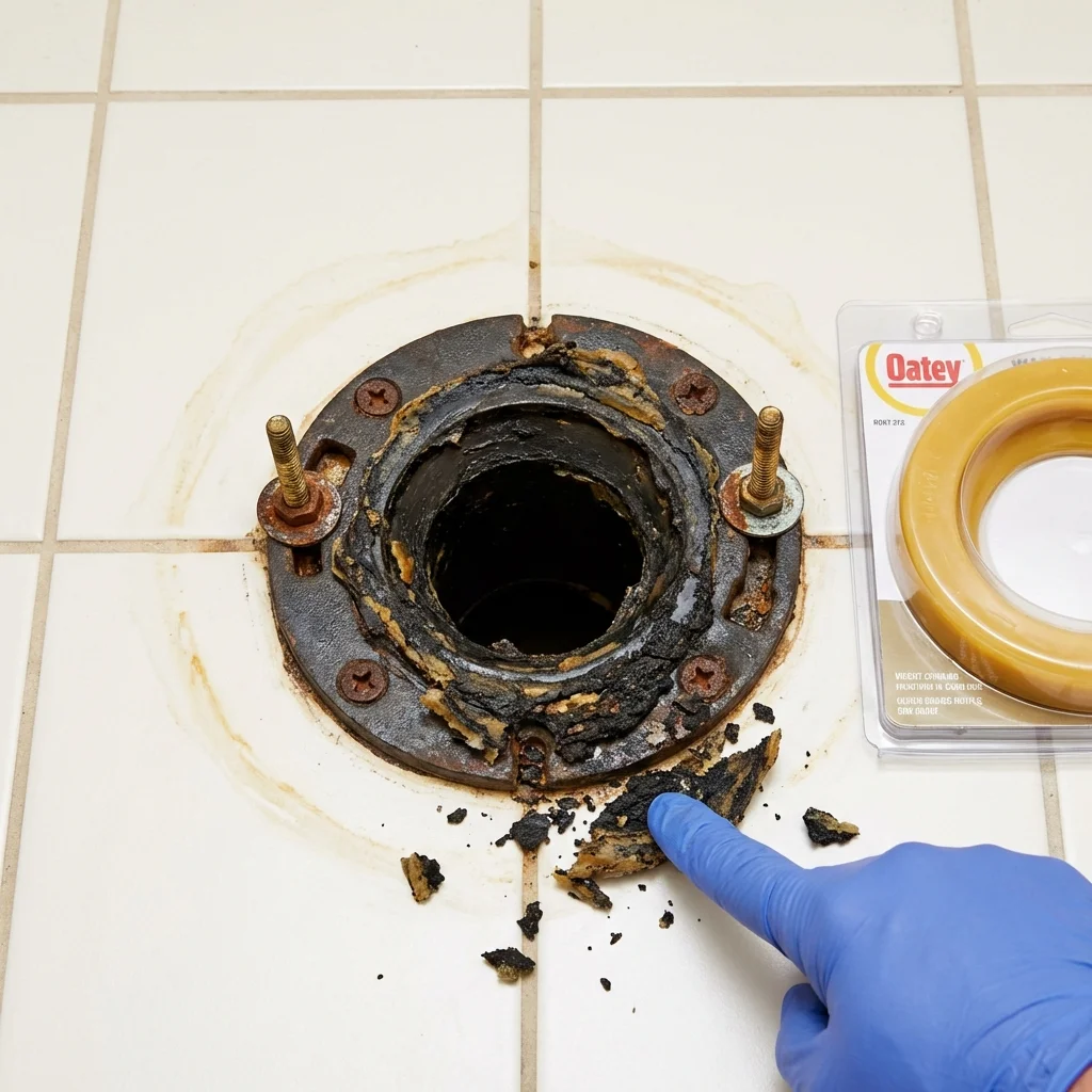 Failed wax ring showing water seepage at the base of a toilet in a North Reading, MA home