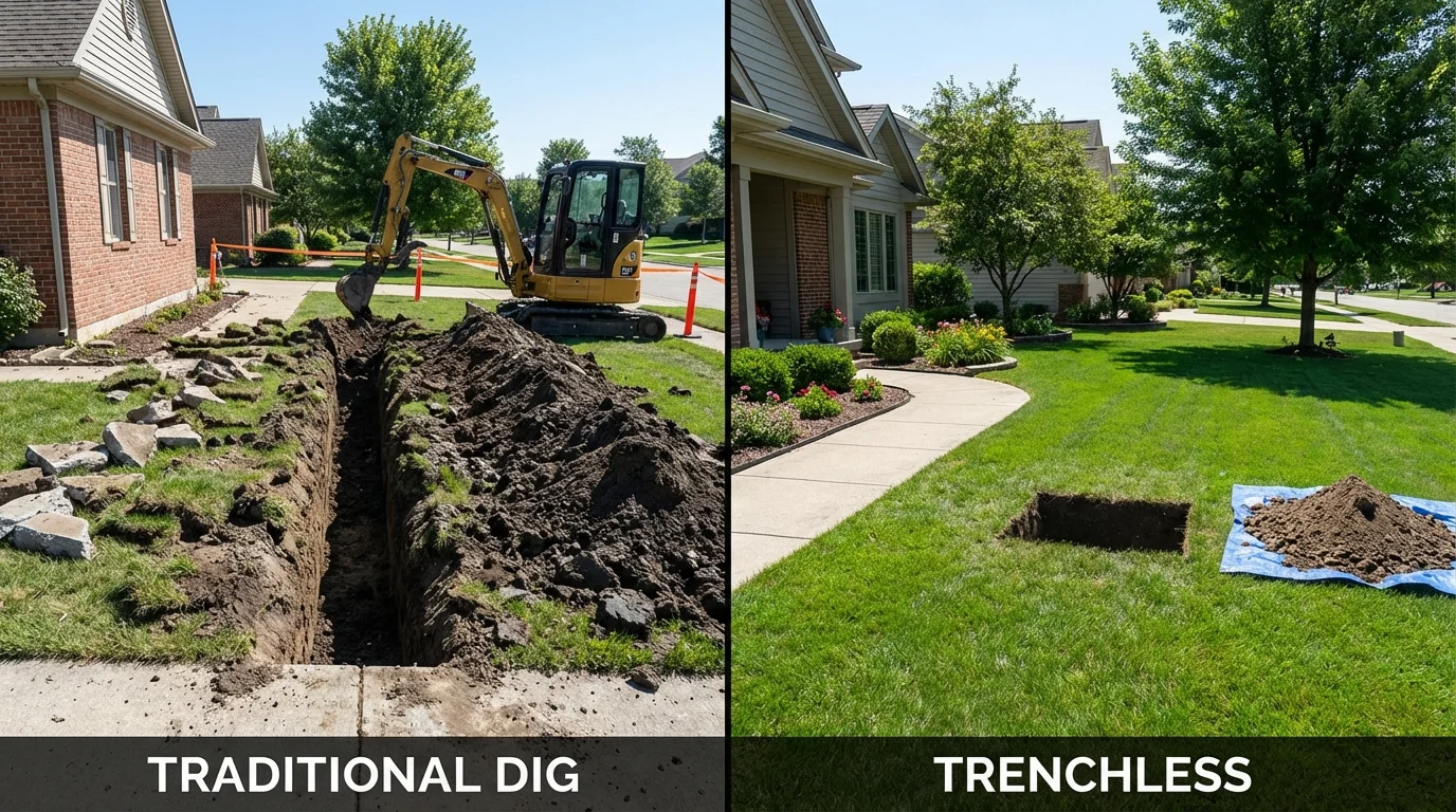 Trenchless sewer repair with minimal yard damage versus traditional excavation in North Reading, MA