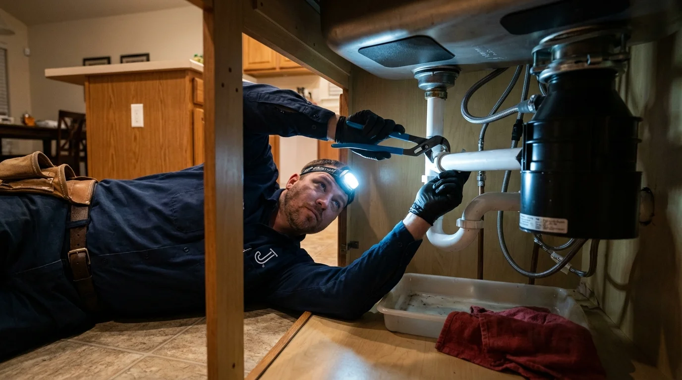 P-trap and supply line connections under a kitchen sink showing a common leak point in North Reading, MA